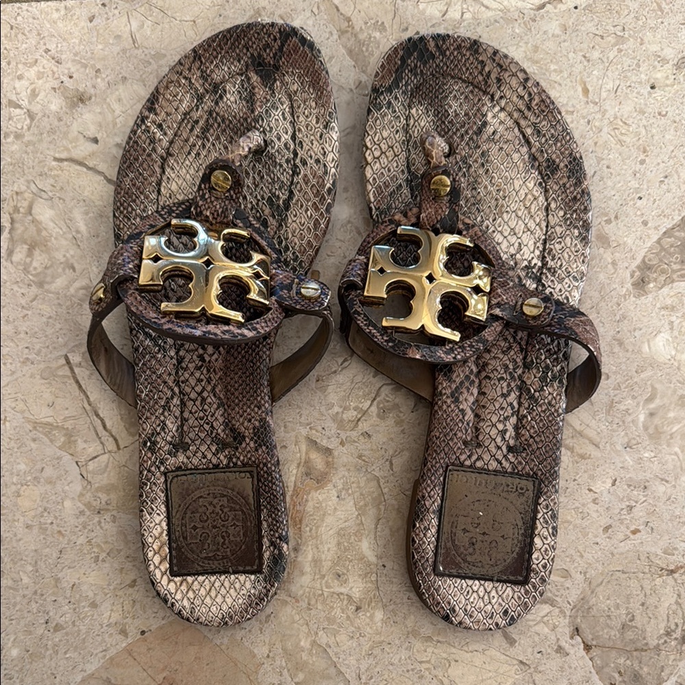Tory Burch Brown Snake Print Sandals